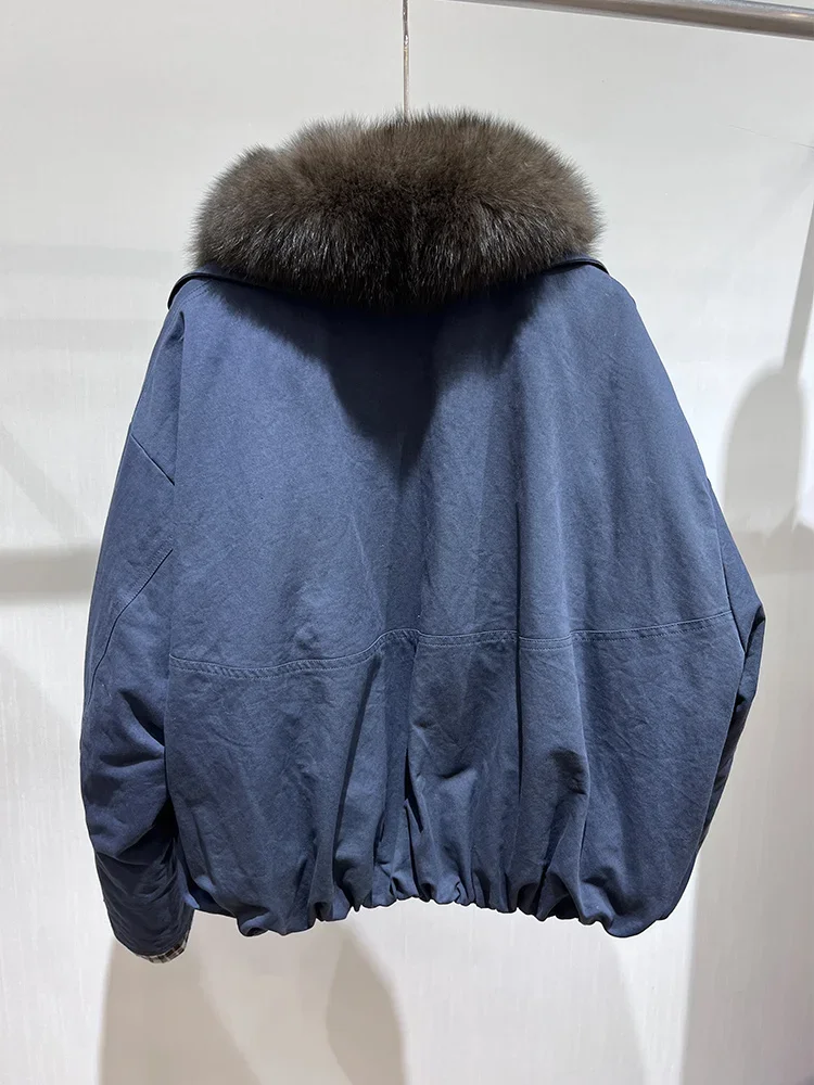 2025 frauen Neue Pelz Jacke Herbst Winter Weiße Gans Unten Mäntel Natürliche Echt Fox Pelz Kragen Outwear Vielseitig Denim Jacke weibliche