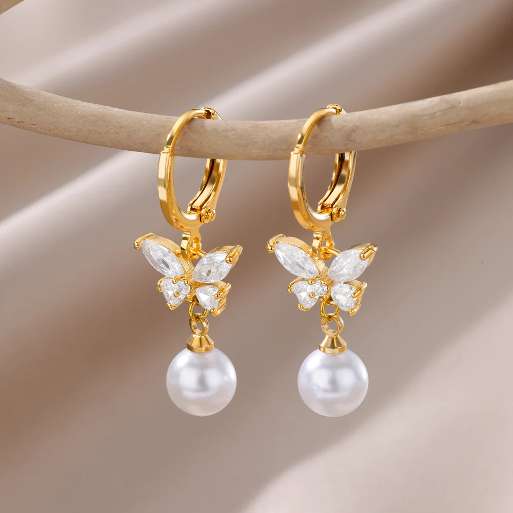 Imitation Pearl Butterfly Earrings For Women Stainless Steel Geometric Hoop Earring Wedding Bridesmaid Fashion Jewelry Gift 2024