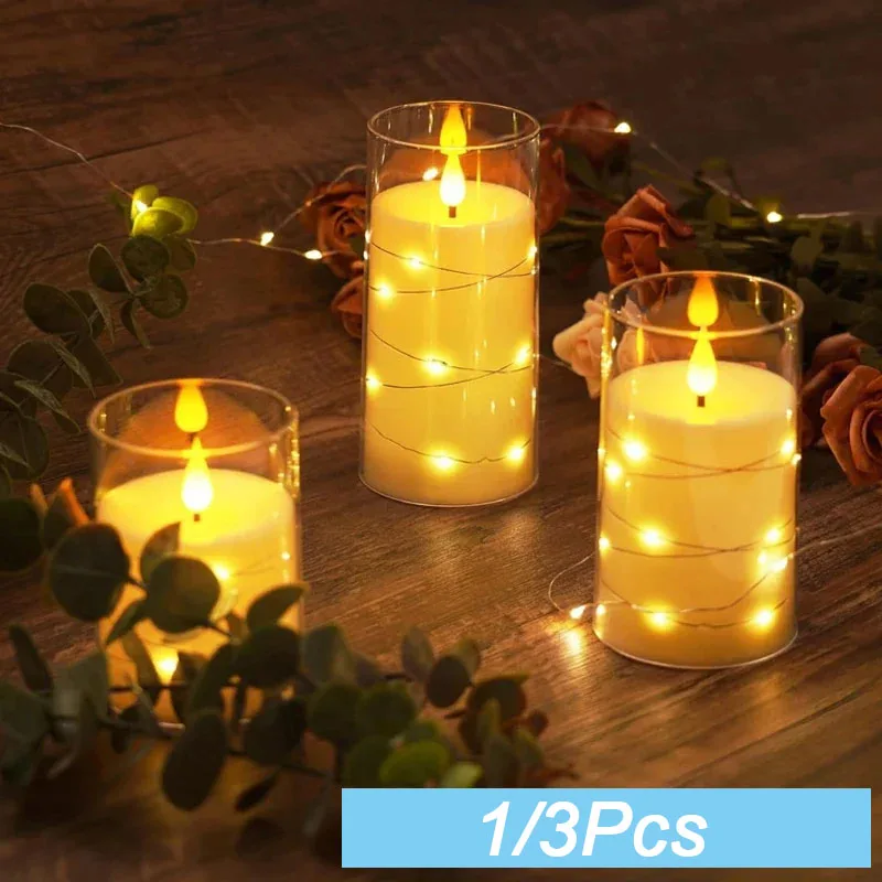 1/3 Pcs LED Flameless Electronic Candle Lights Recessed Flickering String Lamp Clear Acrylic Battery Powered for Christmas Party