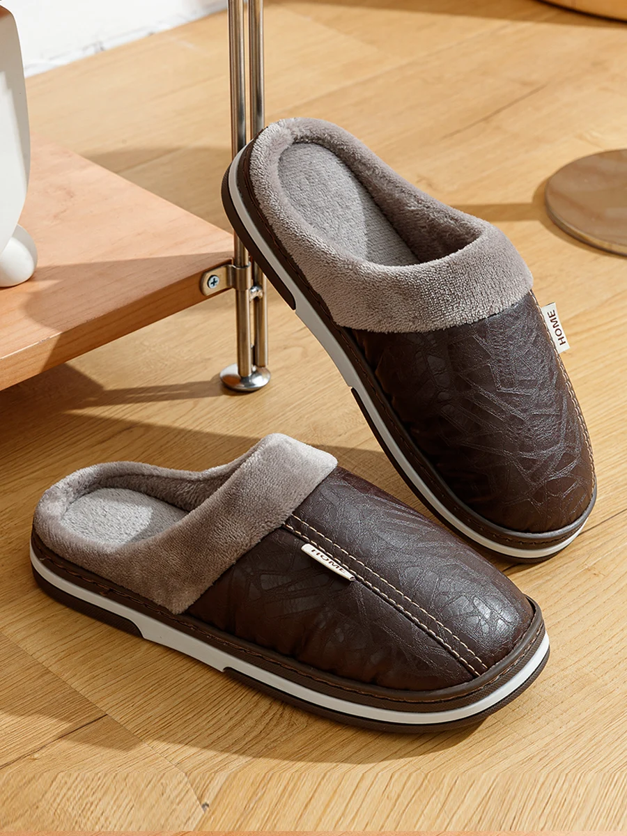 

Home Waterproof Fluffy Casual Slides Men Bedroom Comfy Shoes Houseshoes Men's Big Size Winter slippers Indoor PU Leather