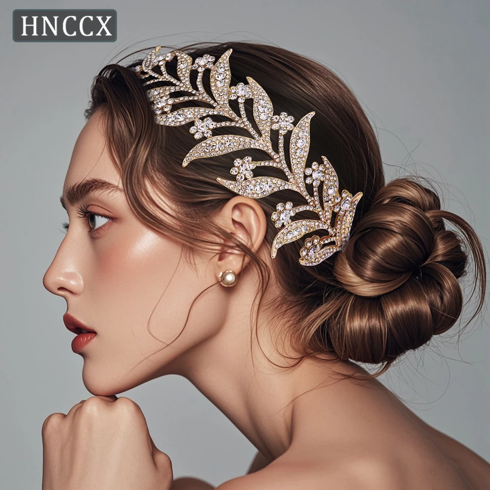 HNCCX Bride Bling Crown Headdress Leaf Shape Rhinestone Headband Wedding Hair accessories Gold Color Princess Headwear CP326