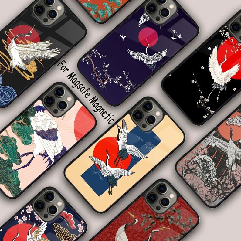 Japanese Style Crane Cherry Magnetic Phone Case For APPLE iPhone 17 Air 16 14 13 12 Pro Max 15 Plus Wireless MagSafe Cover
