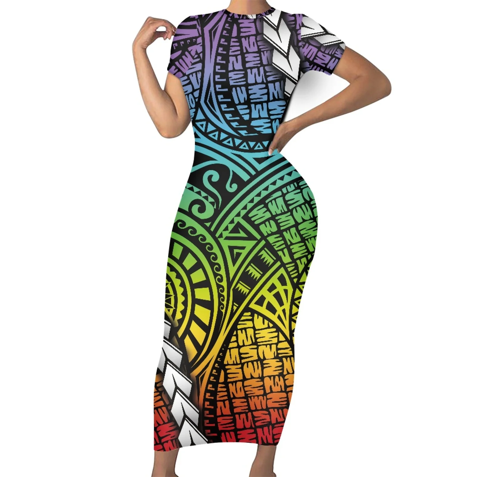 Polynesian Tribal Tongan Totem Tattoo Tonga Prints Summer Slim Long Dress Women Short Sleeve Skinny Bodycon Maxi Dresses Gift