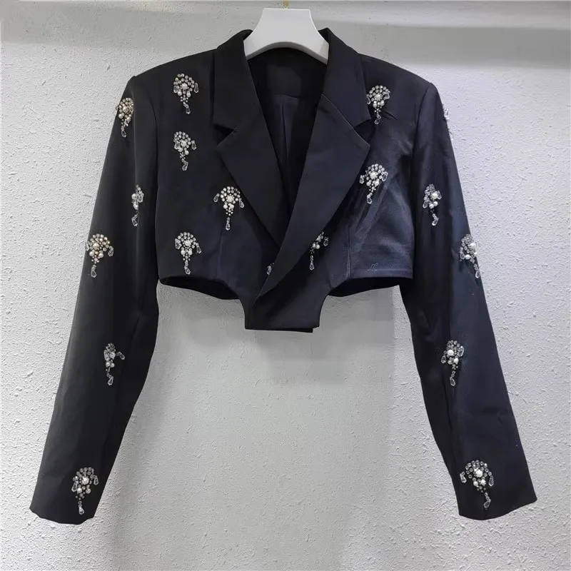 DEAT Women's Suit Jackets Crystal Pendant Notched Diamonds Collar High Waist Short Blazer 2025 New Spring Fashion 29L9710