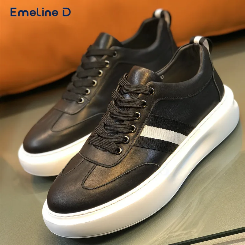 Thick-Soled Black and White Color Matching Casual Shoes Soft Leather Comfortable Lace-Up Sneakers Fashionable Trend Men's Shoes