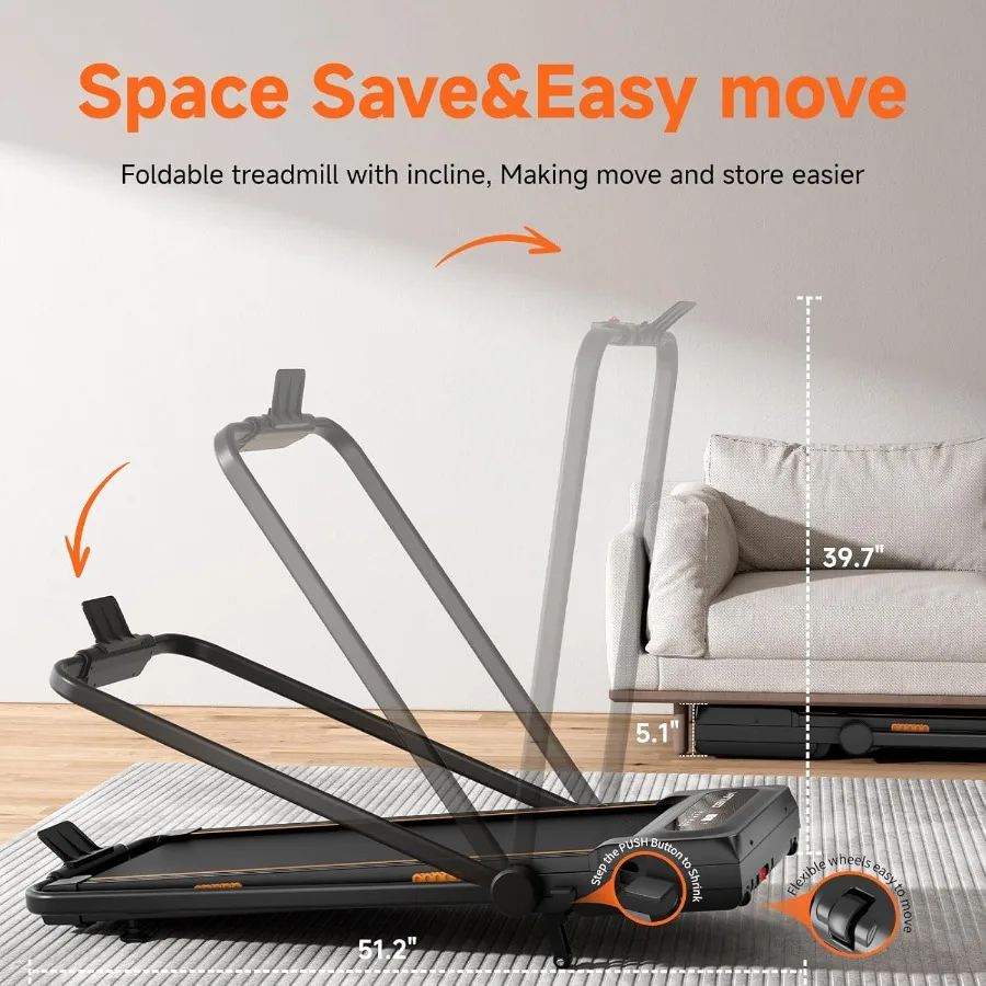 وسادة مشي محمولة تحت المكتب مع ميزة مائلة تلقائية وجهاز تحكم عن بعد للاستخدام المنزلي والمكتب، جهاز مشي قابل للطي بقوة 3 حصان مع مصباح LED