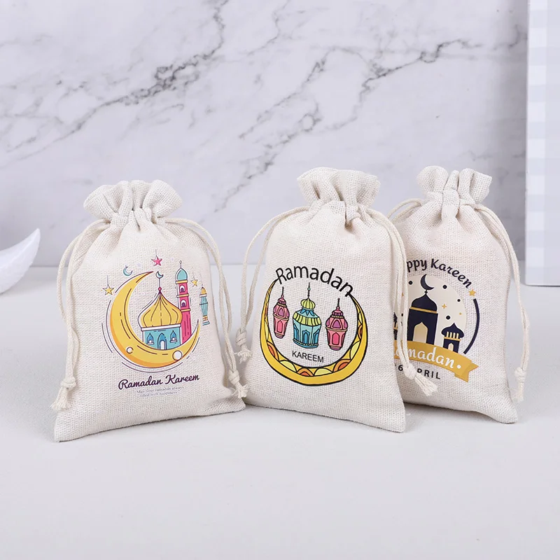 

5pcs Eid Mubarak Drawstring Bag Kareem Ramadan Cloth Cotton Linen Pouch Cookie Biscuit Packing Bag Islamic Muslim Party supplies