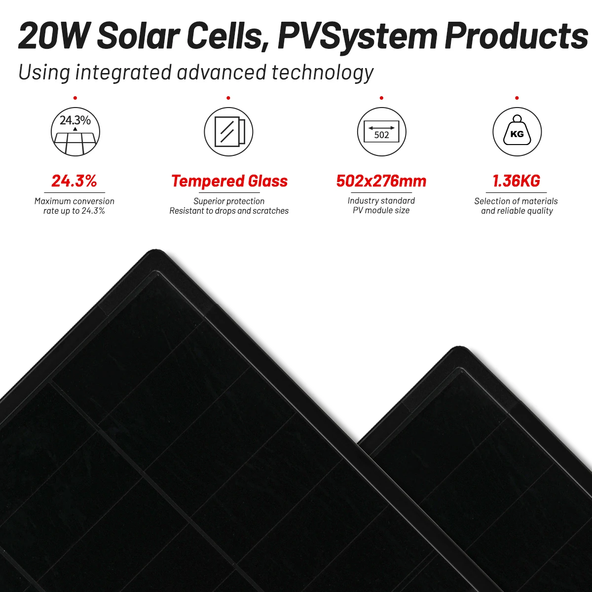 Mini 20W BC Solar Panel 18V/1A 24.3% Conversion Rate 502x276mm Solar Cell Tempered Glass Surface with Metal Frame Bracket