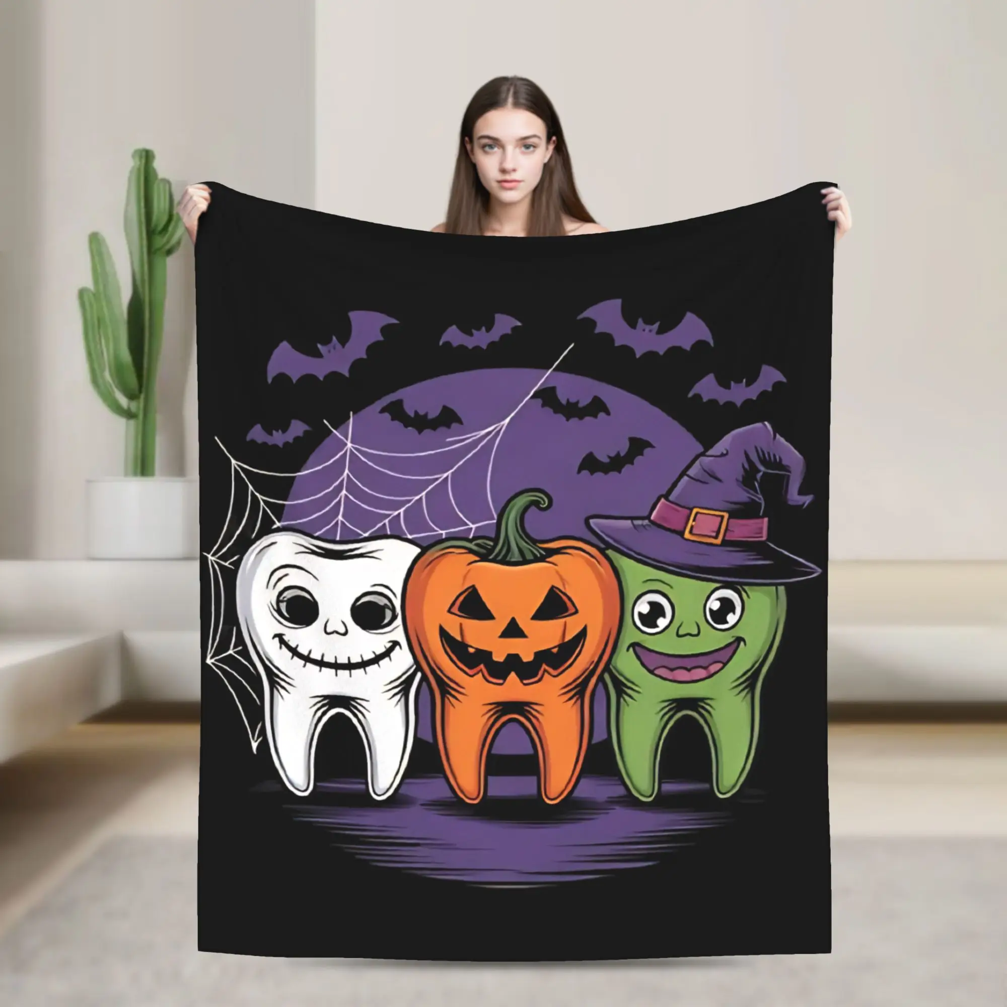 Teeth Ghost Blanket Cartoon Teeth Helloween Flannel Throw Blanket Summer Air Conditioning Portable Soft Warm Bedspreads,