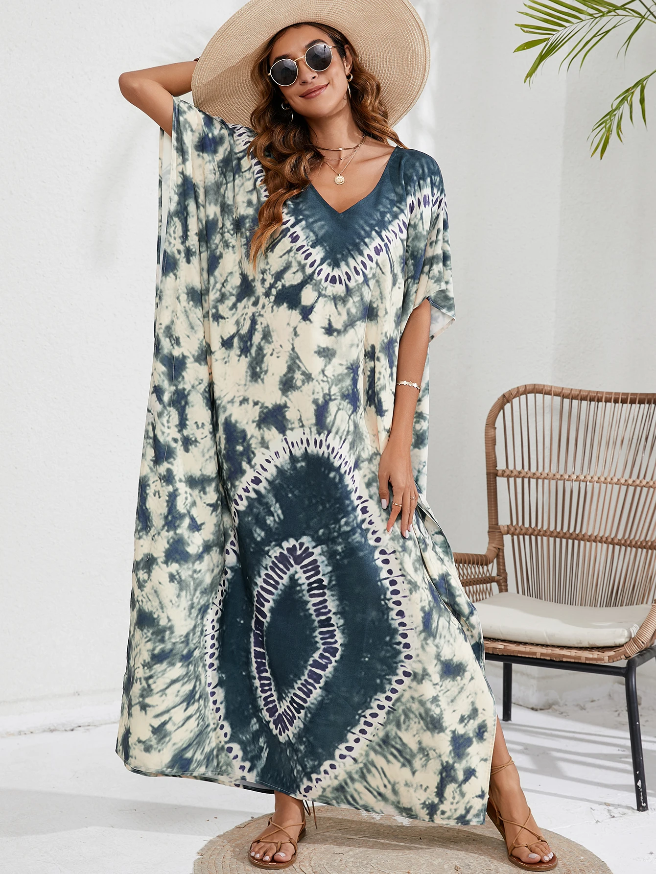 

Summer Beach Boho Ethnic Full Print V-Neck Side Slit Vacation Dress Beach Cover Up