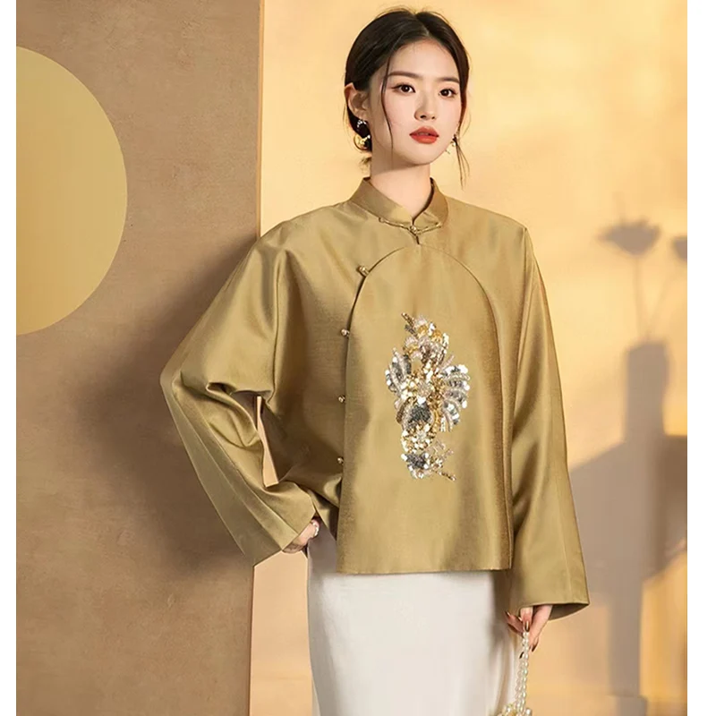 Spring New Standing Collar Silk Wool Handmade Bead Customized Champagne Gold Color Fashionable And Novel Women's Jacket S-XL