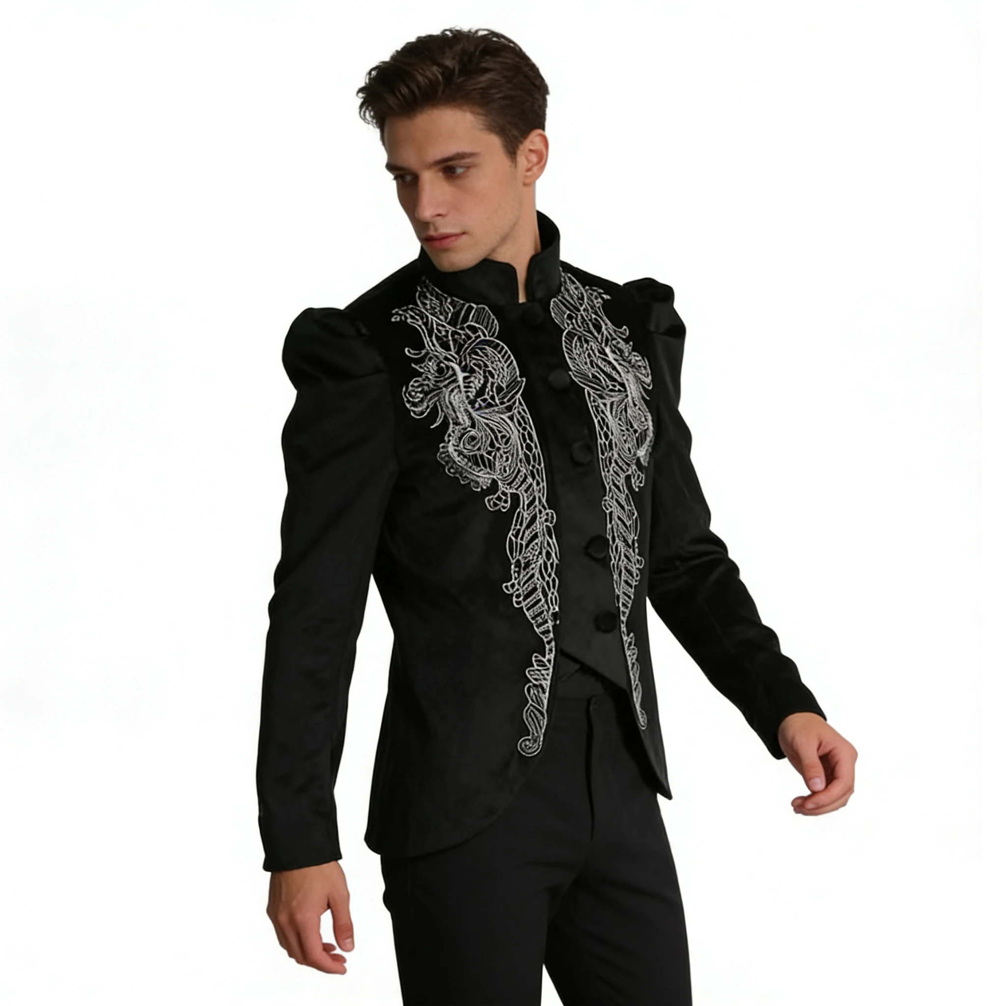 

Gothic Black Embroidered Lace-Up Back Jacket Women Victorian Steampunk Puff Sleeve Court Coat Stage Performance Costume