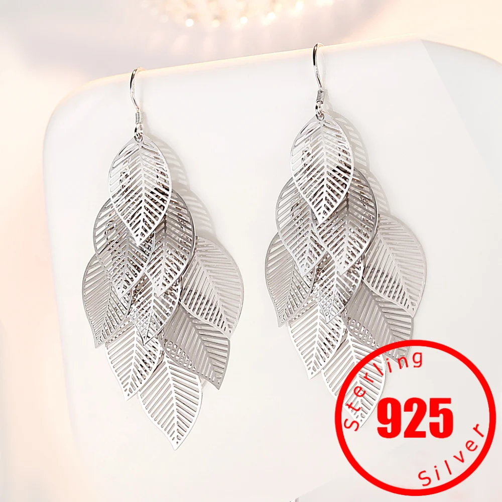 Earrings fashion Jewelry Woman Layered Hollow Leaves Tassel Long Drop earrings Silver Trendsetter Christmas Gifts