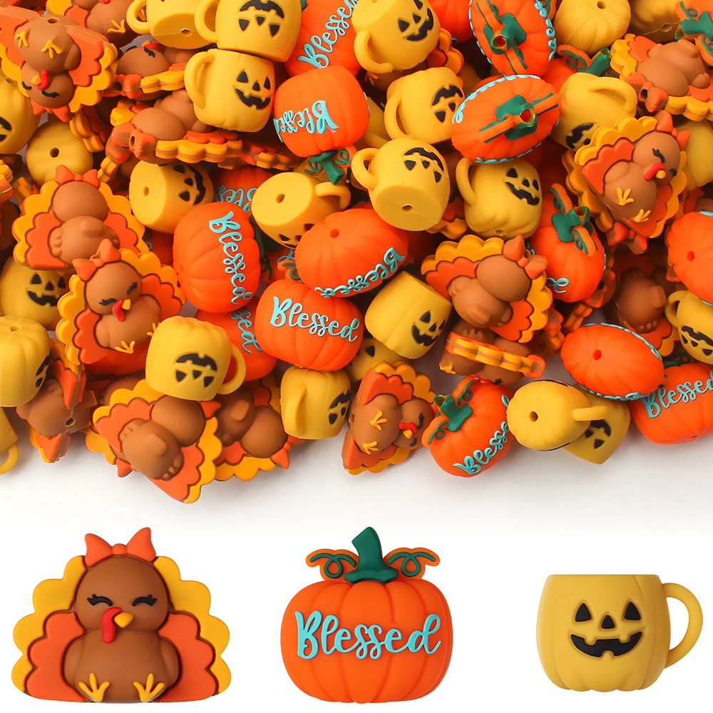 5/10/20/50pcs 3D Thanksgiving Theme Silicone Beads,3D Turkey, Pumpkins Shaped Focus Beads Suitable for Jewelry Decorative Beads