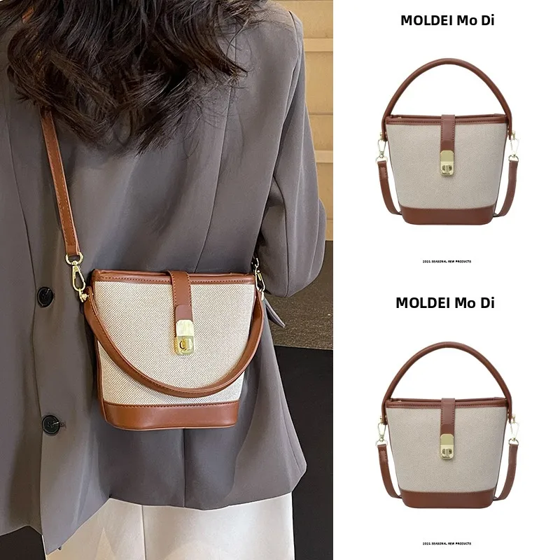 

Elegant Spring Summer Women's Bucket Bag Fashionable Splicing Single Shoulder Crossbody Handbag Soft Polyester