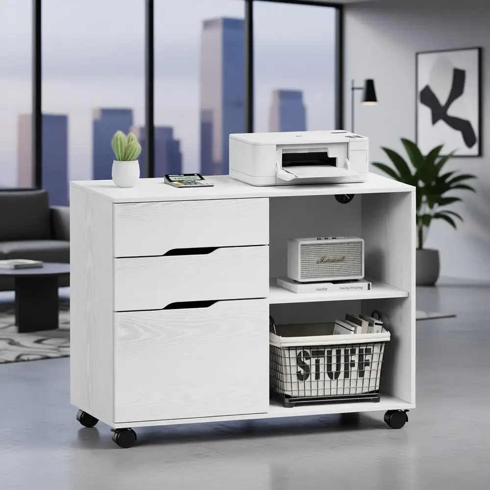 

Adjustable 3-Tier Rolling File Cabinet with Under Desk Printer Stand, White