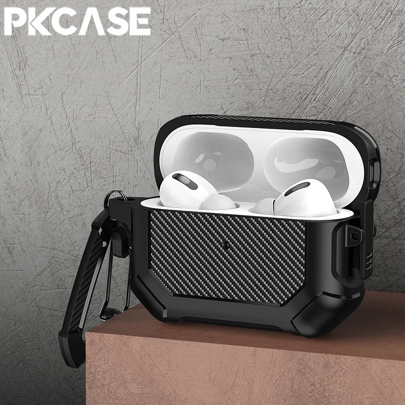 

PKCASE Carbon Fiber Side Switch Shockproof Headphone Case For Airpods 1 2 3 Keychain Bluetooth Earphone Cover For Airpods Pro 2