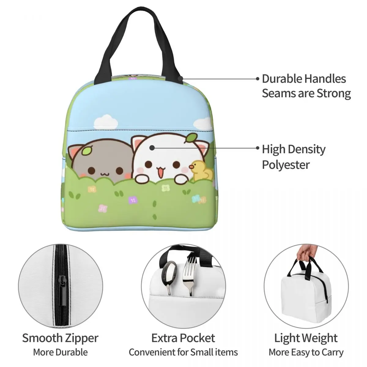 Peach e Goma Insulated Lunch Bags, Cartoon Mochi Cat, Leakproof, Cooler, Thermal Lunch Box, Adequado para Piquenique na Escola de Trabalho, Mulheres, Crianças