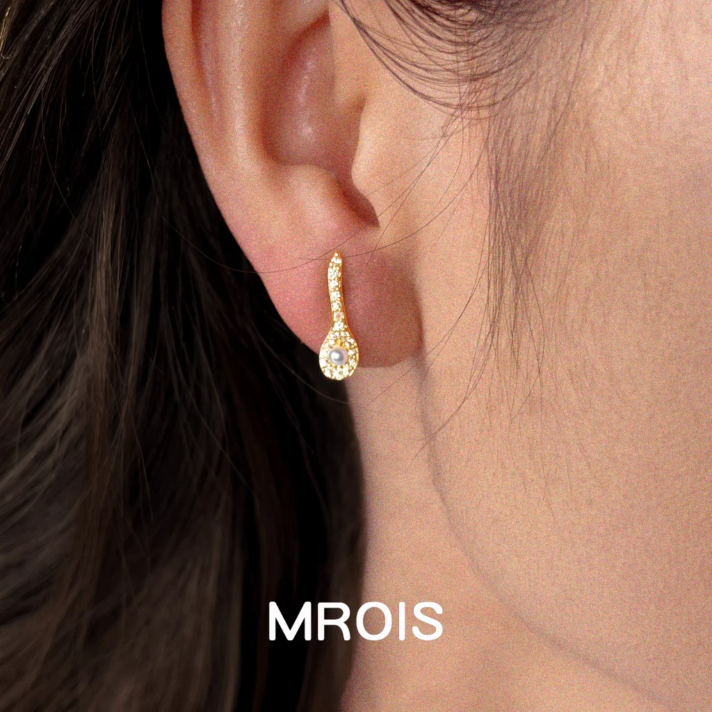 Original gold spoon color retention slightly inlaid zircon asymmetric personality creative design earrings, stud earrings