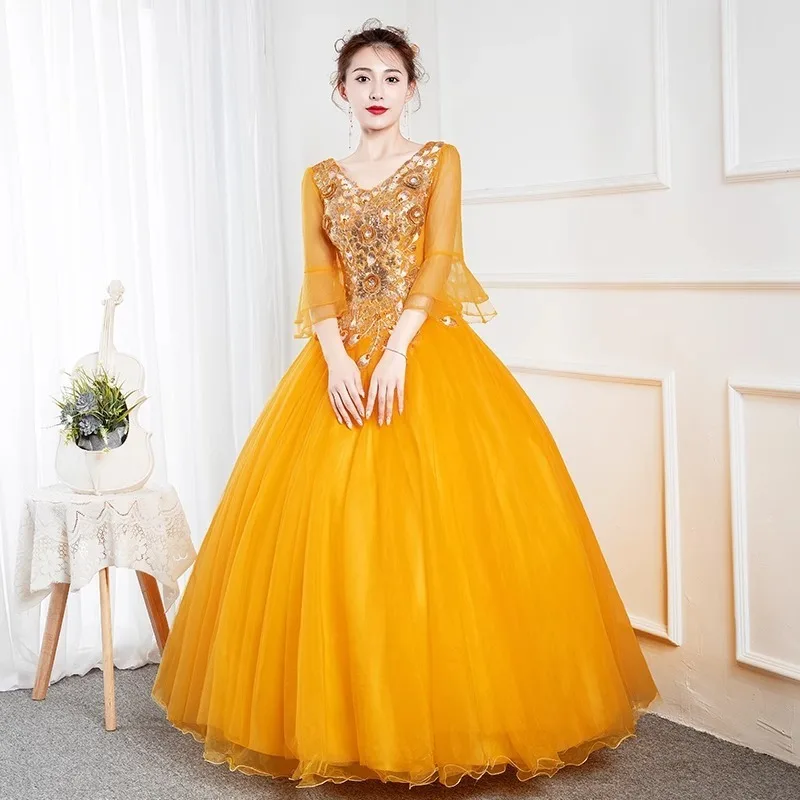 2025 novo feminino bordado com decote em v ouro lantejoulas vestido de noite moda emagrecimento anfitrião desempenho arte exame puff saia vestido longo