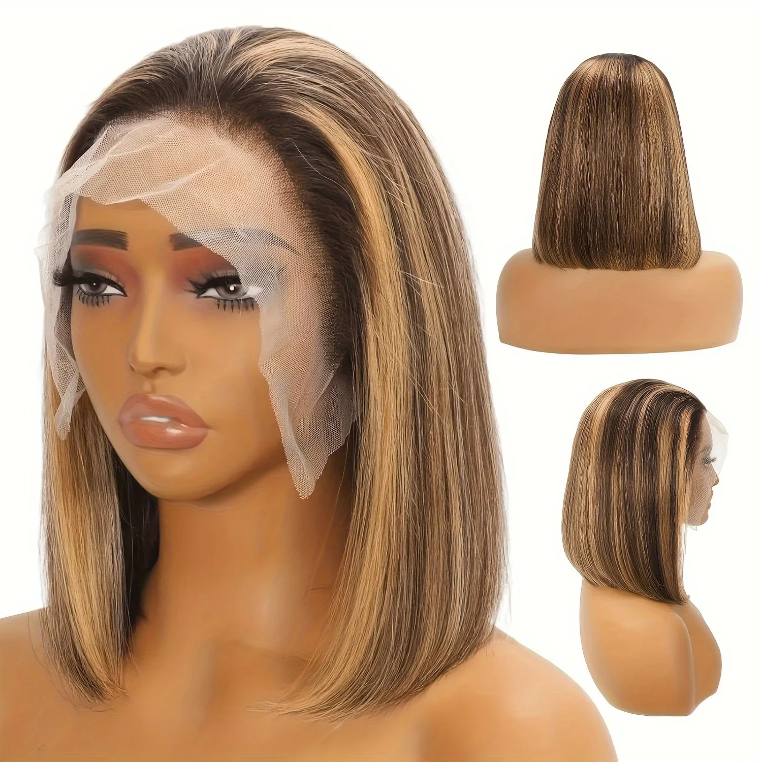 Wig Rambut Asli Highlight Ombre Lace Front Pre Plucked 13x4 Transparan 4/27 Honey Blonde Lace Frontal Dengan Baby Hair 180% D