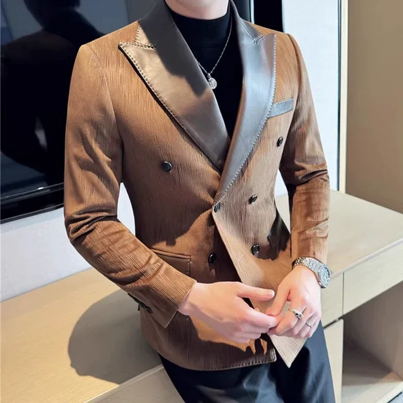 

British Style Luxury Men Double Breasted Suit Jacket High Quality Fashion PU Leather Neck Spliced Coats Groom Social Party Dress