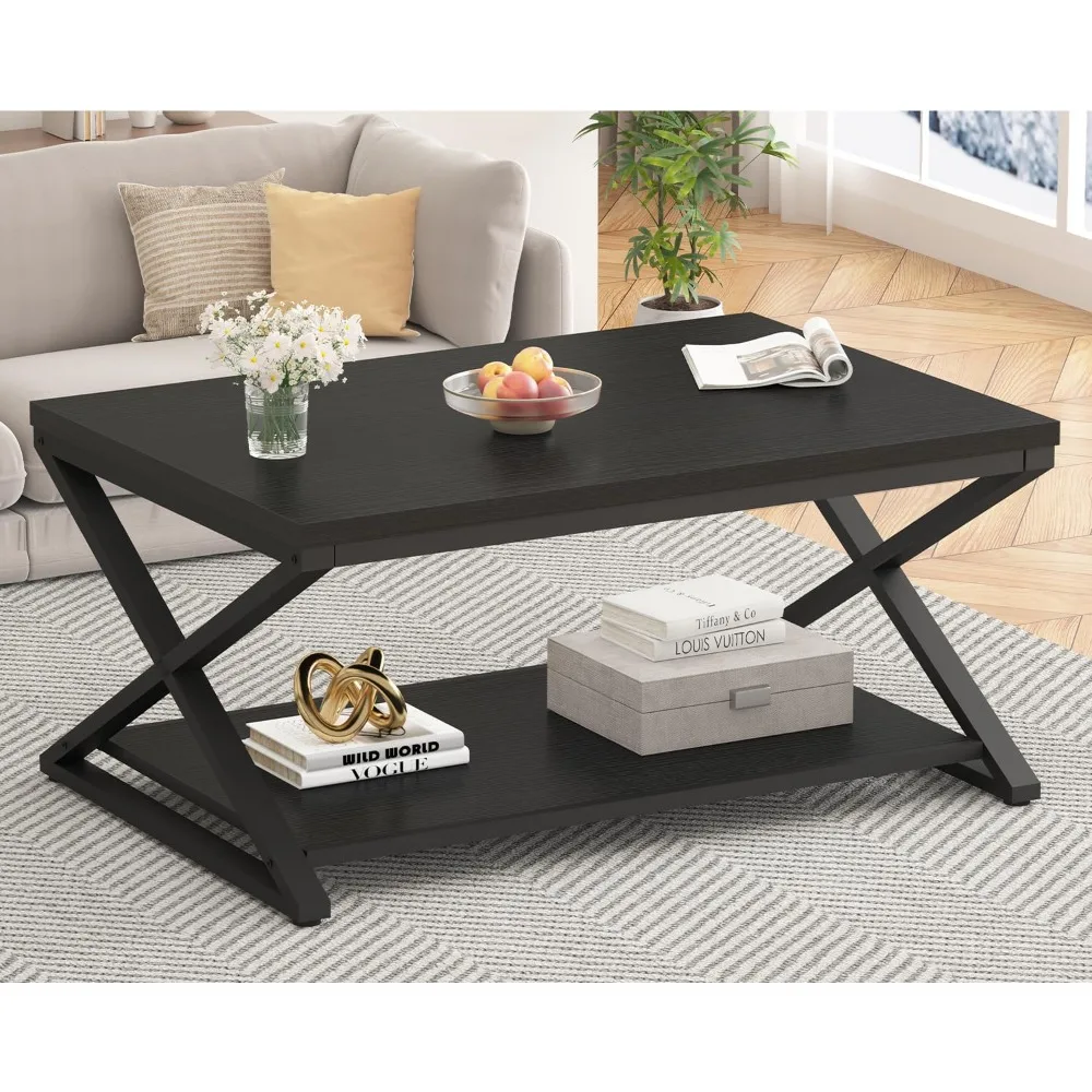 Black Coffee Table with Storage Shelf, Modern Metal Wood Living Room Table, Simple 2 Tier Rectangle Center Table