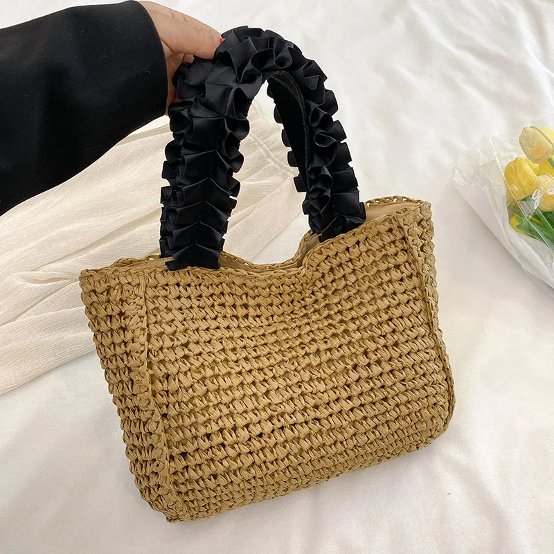 Ruched Handle Straw Bag Bohemian Woven Bags for Women Purses and Handbags Paper Rope Beach Bag Shoulder Bags Small Shopper Tote