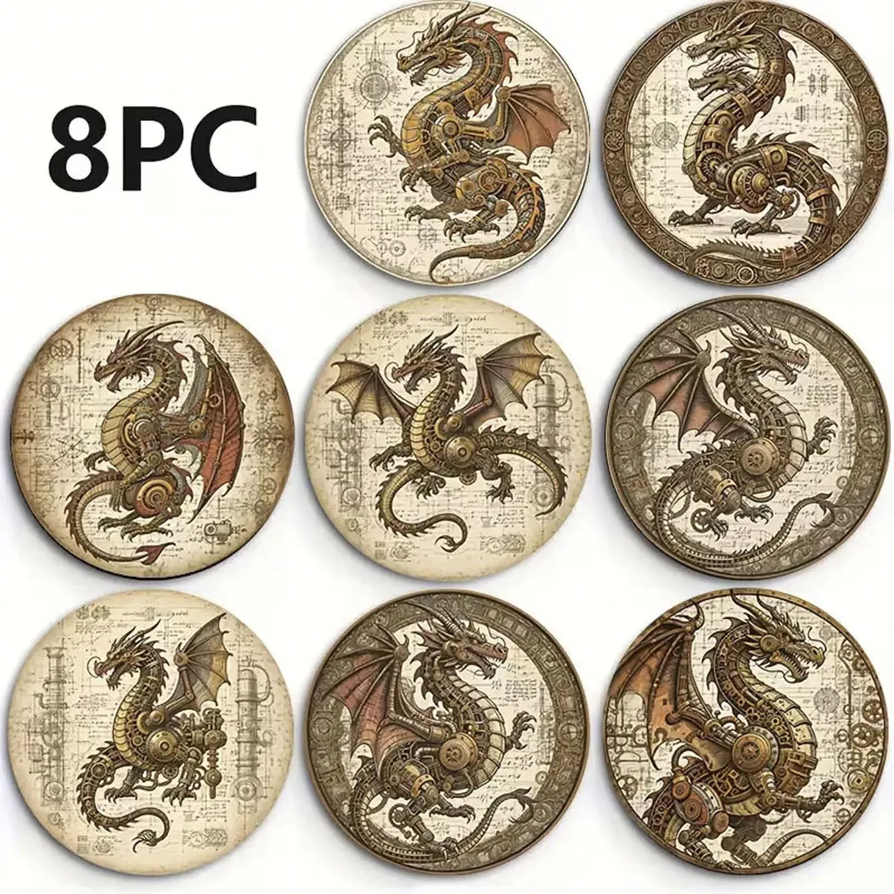 8-Piece Set - Dragon Themed Wooden Coaster Set, Round, Durable Composite Wooden Coaster for Desktop Protection
