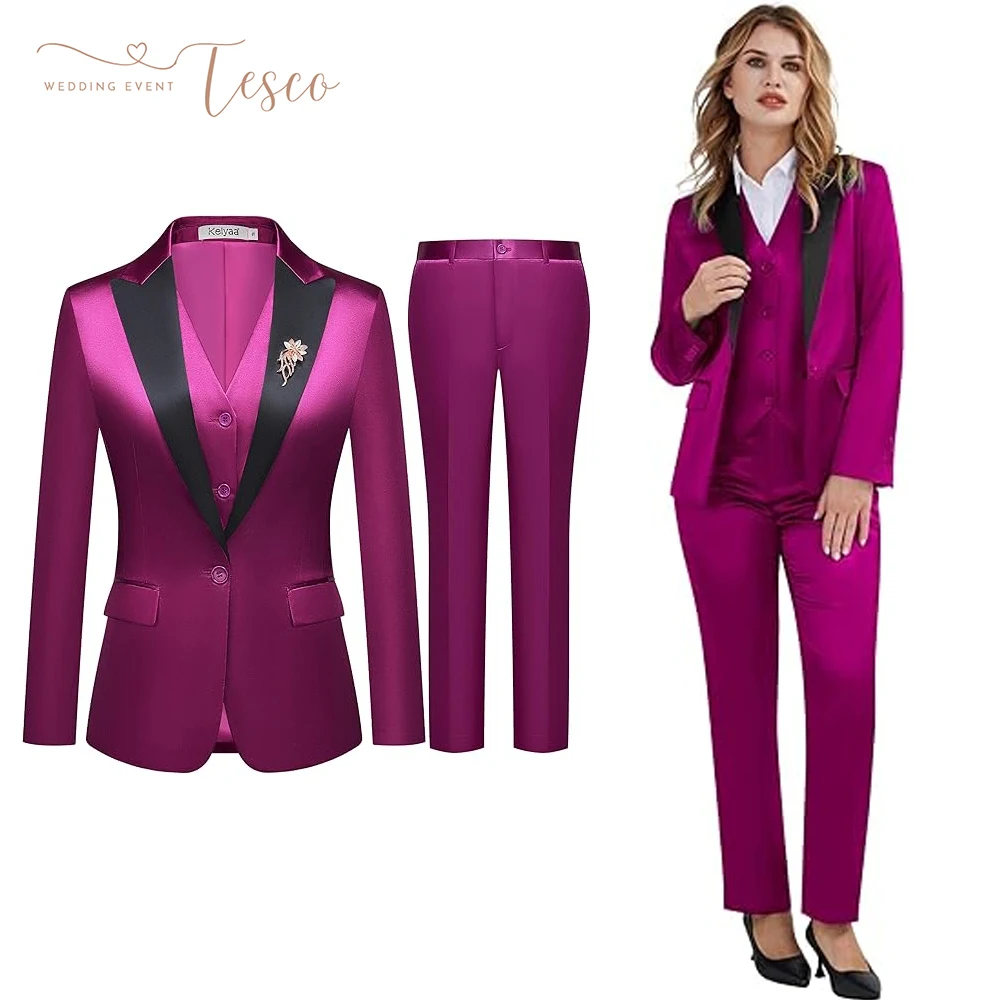

Tesco Customized Women's 3 Pieces Satin Suit Black Peak Lapel Fashion Outfits Casual Party Wedding Blazer Jacket Vest Pants Set