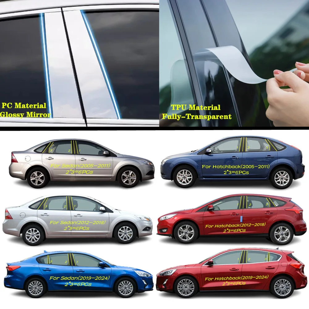 

For Ford Focus Sedan/Hatchback 2006-2024 Car TPU/Glossy Mirror Pillar Post Cover Door Trim Window Molding Sticker Accessories