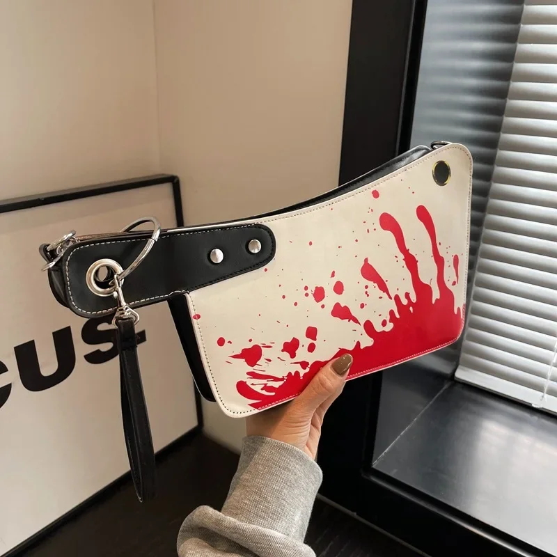 1pcs Fashion Personality Women's Shoulder Bag Knife Shape Bright Red Bloodstain Print Female Messenger Bag for Halloween Party