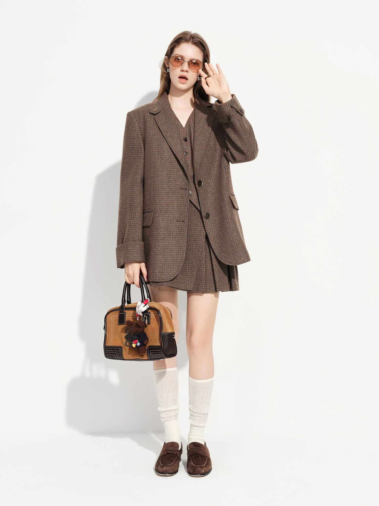 FSLE【Premium Series】New Women's Brown Wool Checkered Suit Set Blazer Vest Skirt Three Piece Coord Vintage Office Chic Suiting