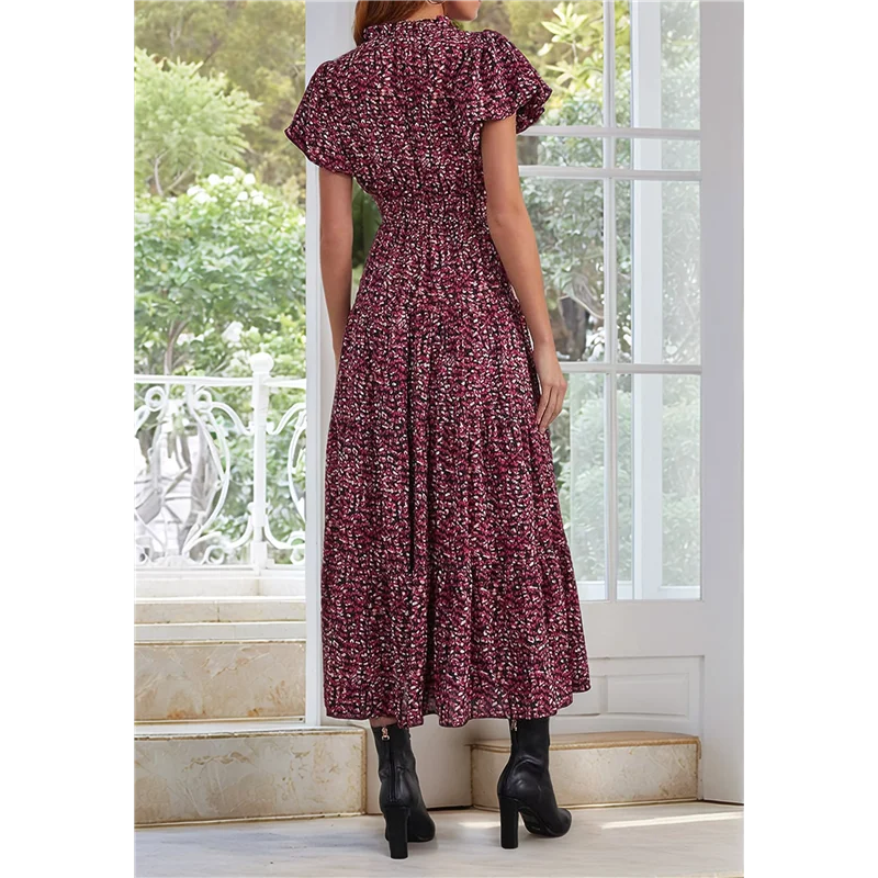 ABRT-Summer Maxi Dresses For Women 2025 Casual V Neck Puff Short Sleeve Smocked Flowy Beach Boho Long Floral Dress
