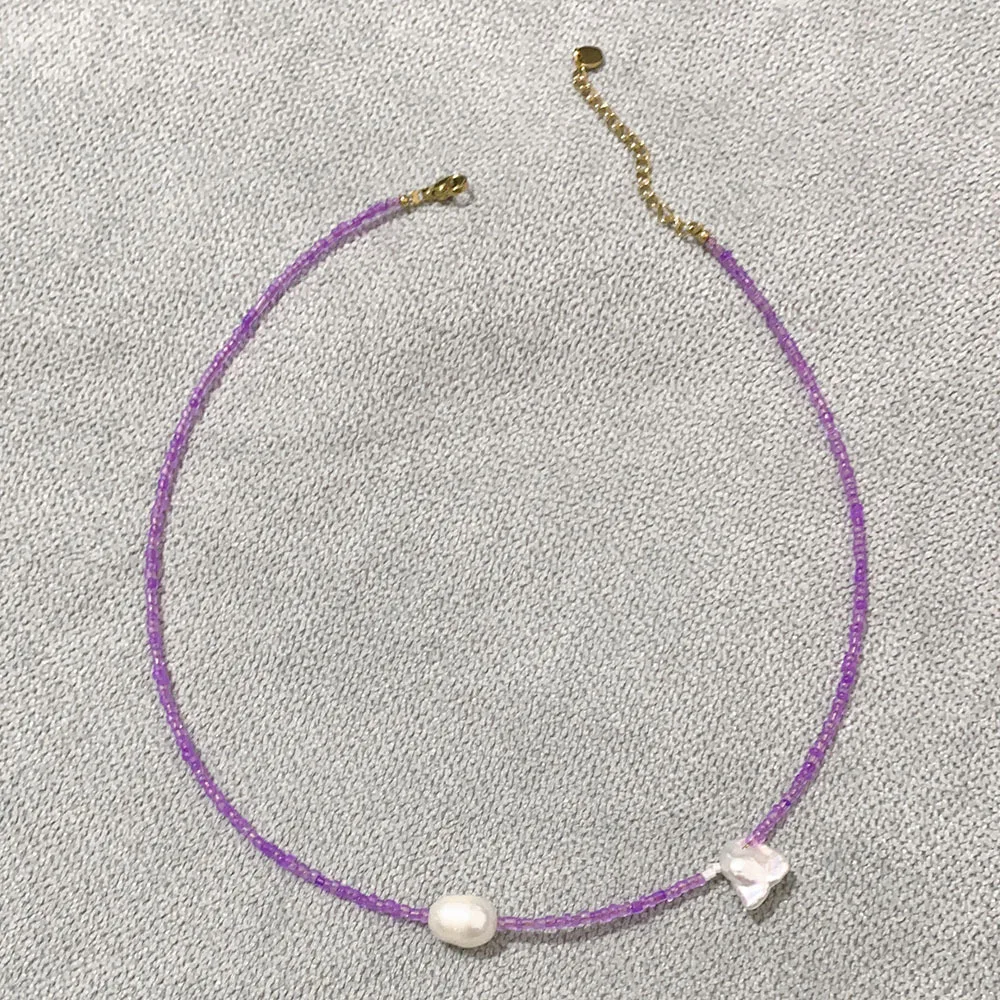 Collier Ras du Cou en Perles de Riz en Clip Violet pour Femme, Polyvalent, Naturel, d'Eau Douce, à la Mode