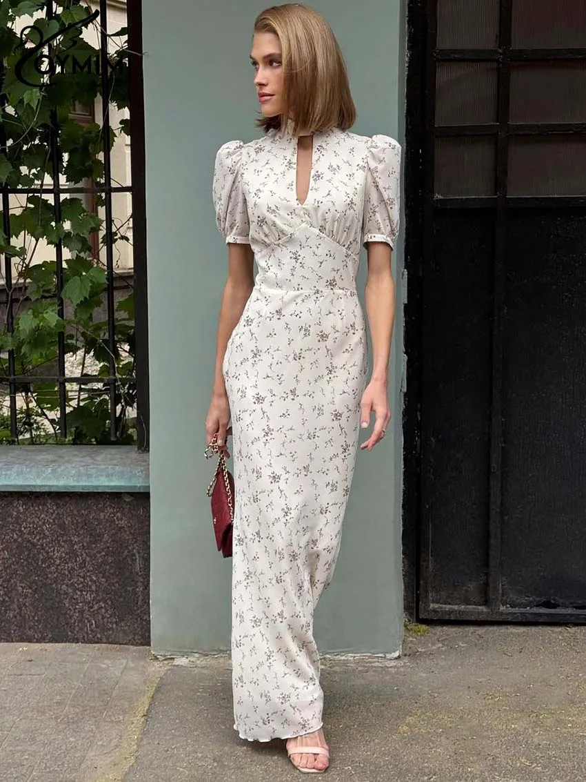 Oymimi Elegant Wine Red Print Women's Dress Fashion O-Neck Short Sleeve Hollow Out Dresses Autumn High Waist Floor-Length Dress - Image 5