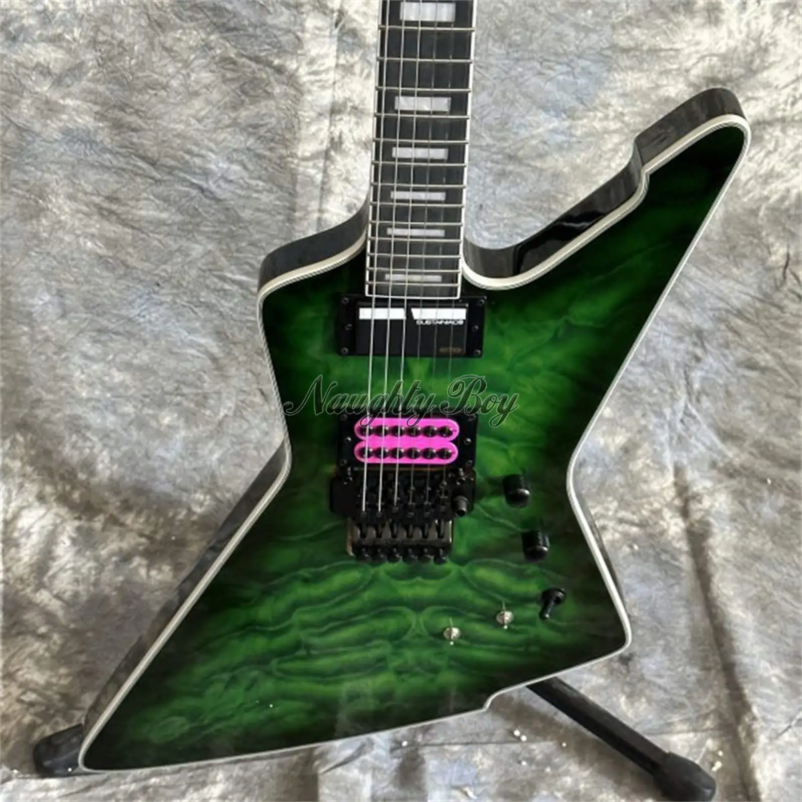 High Quality 6 String E-1 FR S Electric Guitar Special Edition Explorer Green Burst Solid Body HH Pickup Black Floyd Rose Active