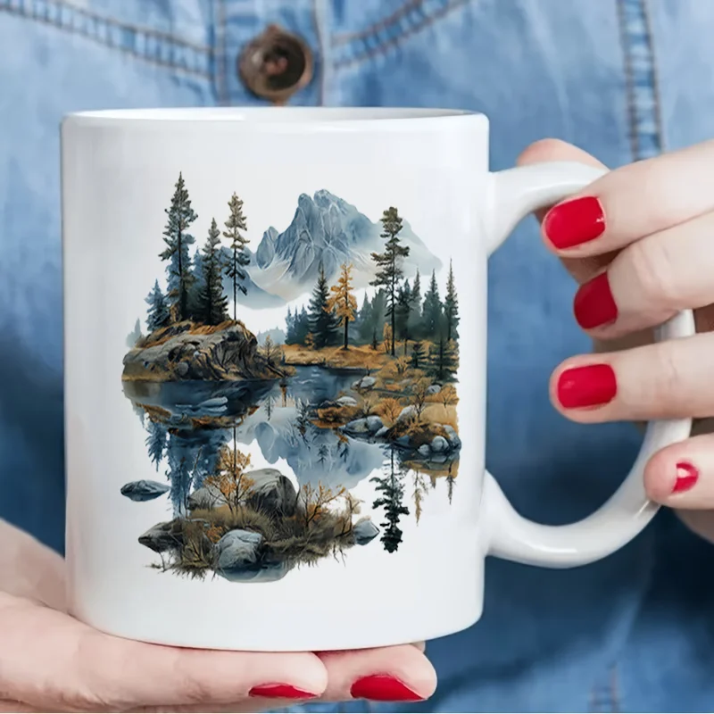 Mountain Lake Forest Reflection Colorful Print Ceramic Coffee Mug 11oz 350ml Personalized Custom Cute Aesthetic Mug Microwave Sa