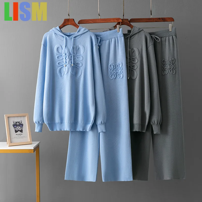 

LISM pant sets Knitted suit blue embroidered two-piece hooded woolen top+casual pants Women's tracksuit New in matching sets
