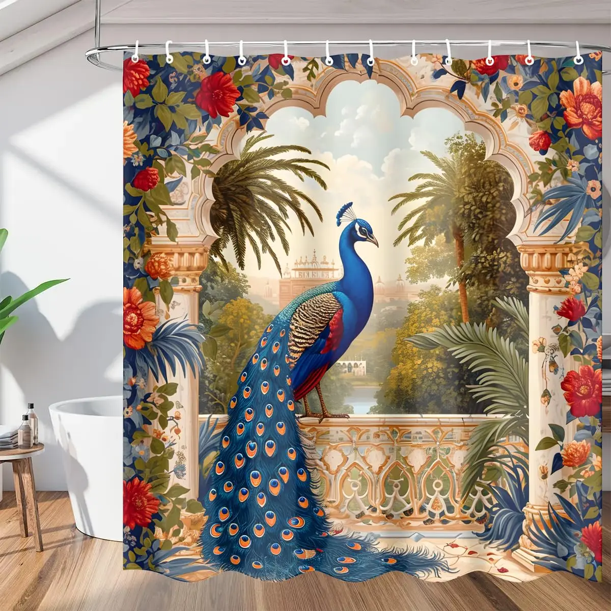 

Peacock Shower Curtain Beautiful Bird Floral Bath Curtain Waterproof Polyester Jungle Natural Scenery Bathroom Curtain with Hook