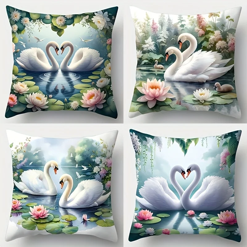 4pcs Dreamy Swan Lake Theme digital printing pillow cover Short plush Suitable living rooms bedrooms sofas throw cushion cover