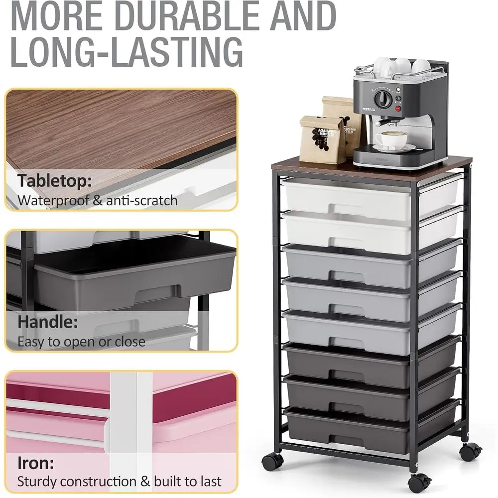 عربة تخزين دوارة ذات 8 أدراج باللون الرمادي مع سطح خشبي - مثالية للمعلمين والمكاتب وغرف الحرف اليدوية #5