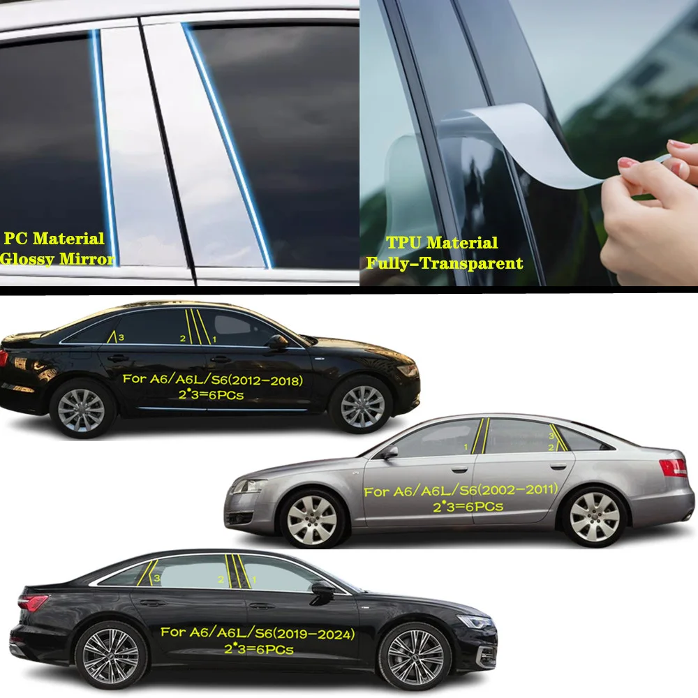 

For VW Audi A6 A6L S6 2002-2011 2012-2024 Car TPU/Glossy Mirror Pillar Post Cover Door Trim Window Molding Sticker Accessories