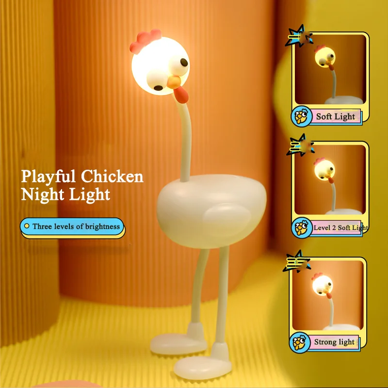 Divertente luce notturna per pollo 3 modalità di illuminazione Protezione per gli occhi Decorazione da comodino ricaricabile Luce notturna Luce soffusa Simpatico cartone animato