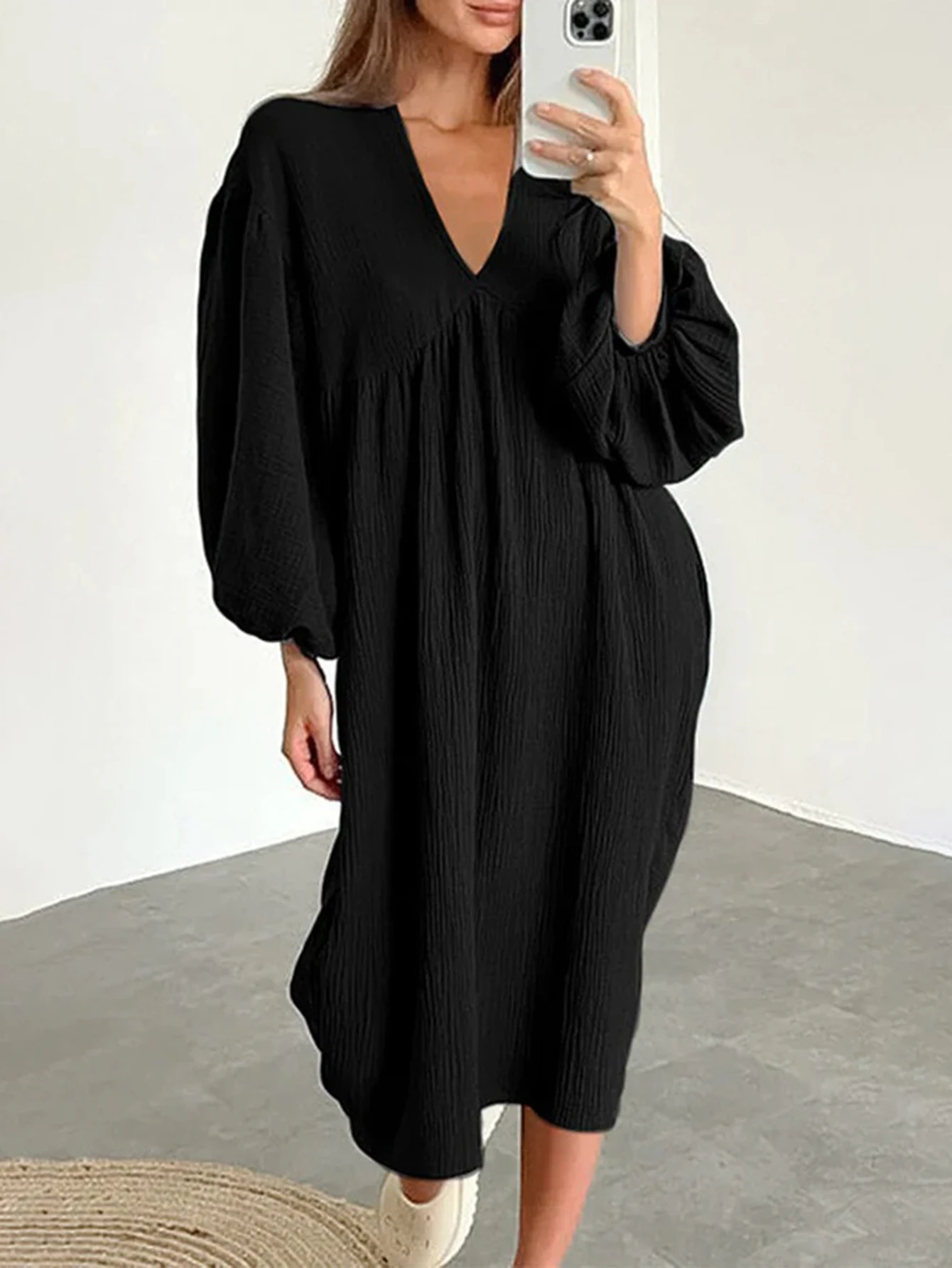 Abito longuette elegante con scollo a V da donna Autunno Inverno Texture semplice Manica lunga Abito casual a trapezio Abito semplice decente