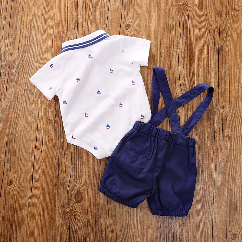 Summer fashion short sleeved baby clothing short sleeved set, pure cotton small sailboat strap pants two-piece set