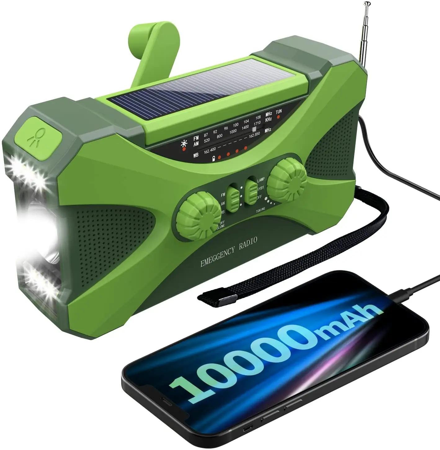 10000 mAh noodradio, handslingerradio op zonne-energie, draagbare AM / FM / NOAA-weerradio met oplader voor mobiele telefoon, LED-zaklamp
