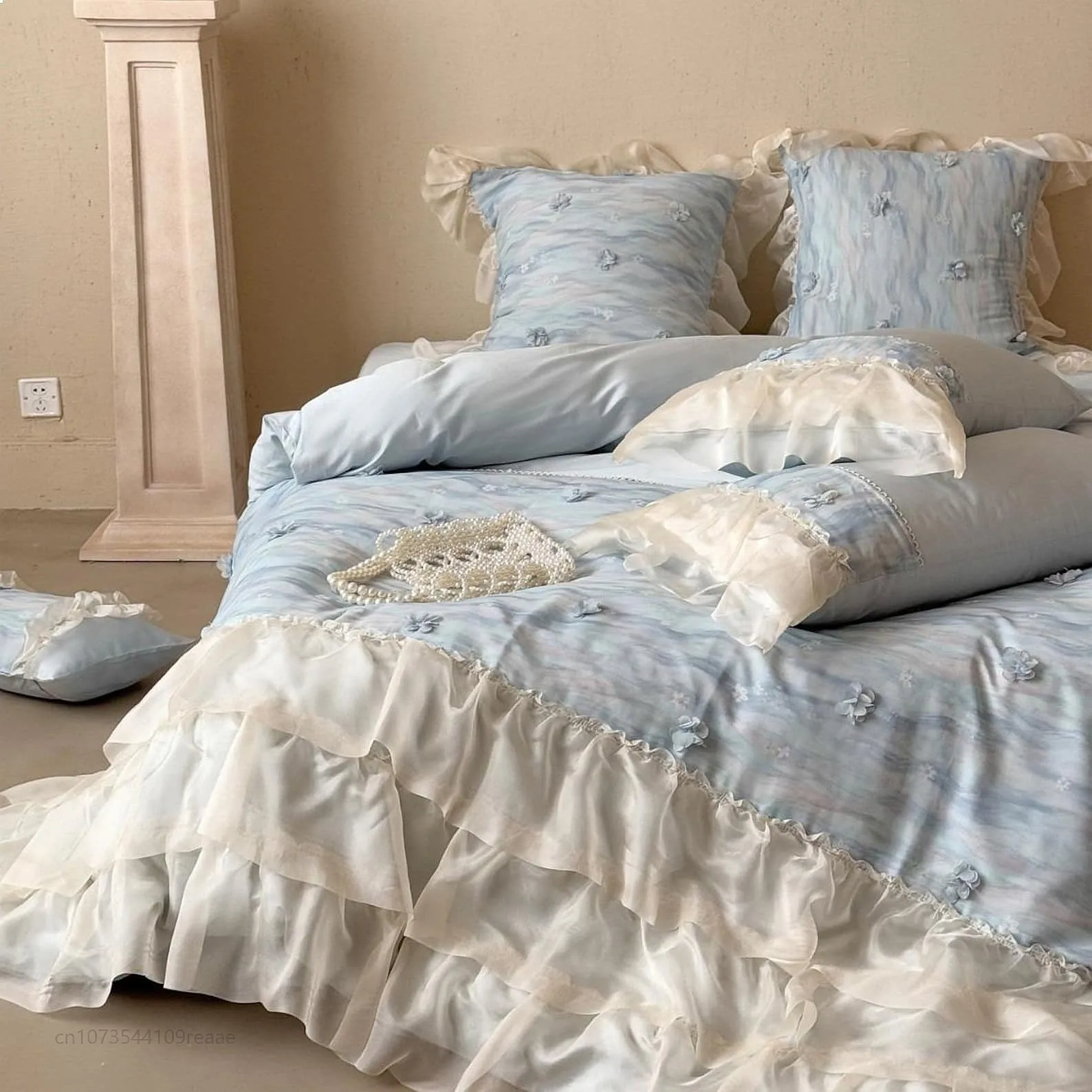 French Floral Bedding Set Long-Staple Cotton Gilded Lace Queen King Size