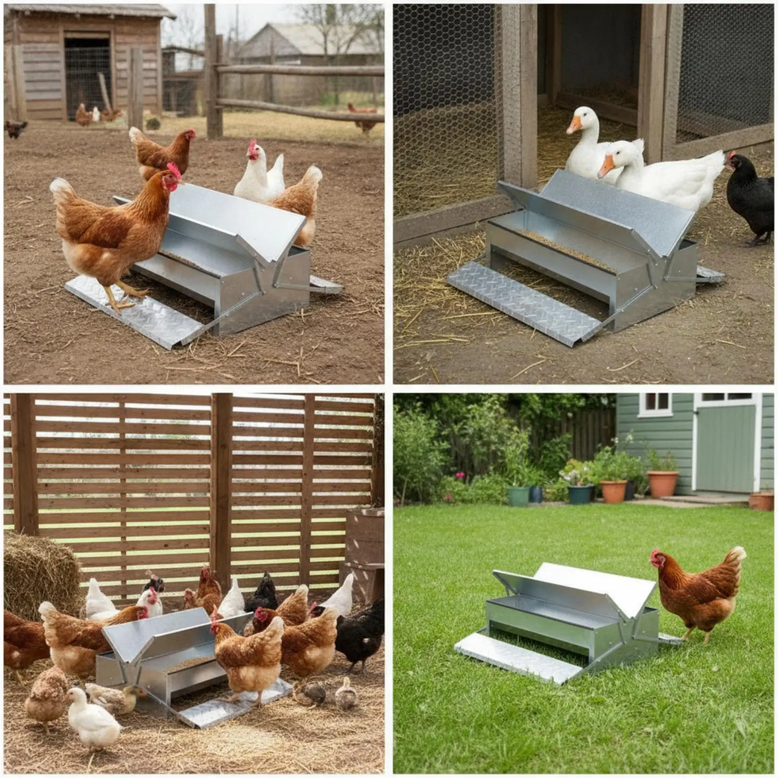Automatic Poultry Feeder Trough Galvanized Steel Treadle Lid Chicken Feeding Container for Backyard Birds Outside