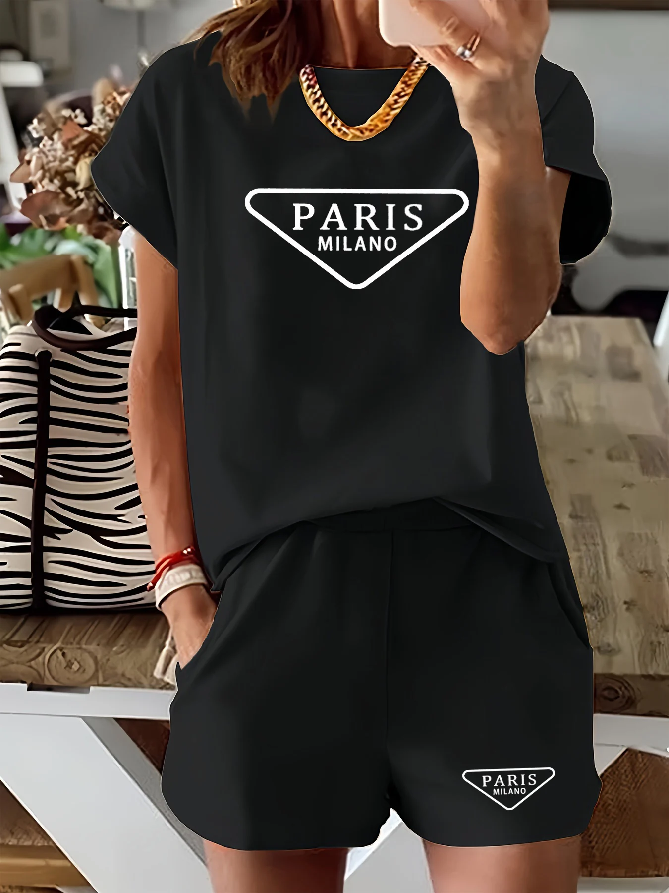 Summer Women's Fashion Paris MILANO Letter Printed Casual Loose Round Neck Short Sleeved T-Shirt Shorts Two-Piece Set